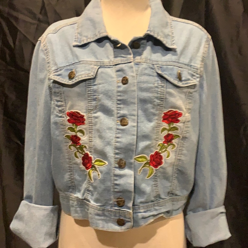 ladies light denim jacket with embroidered roses